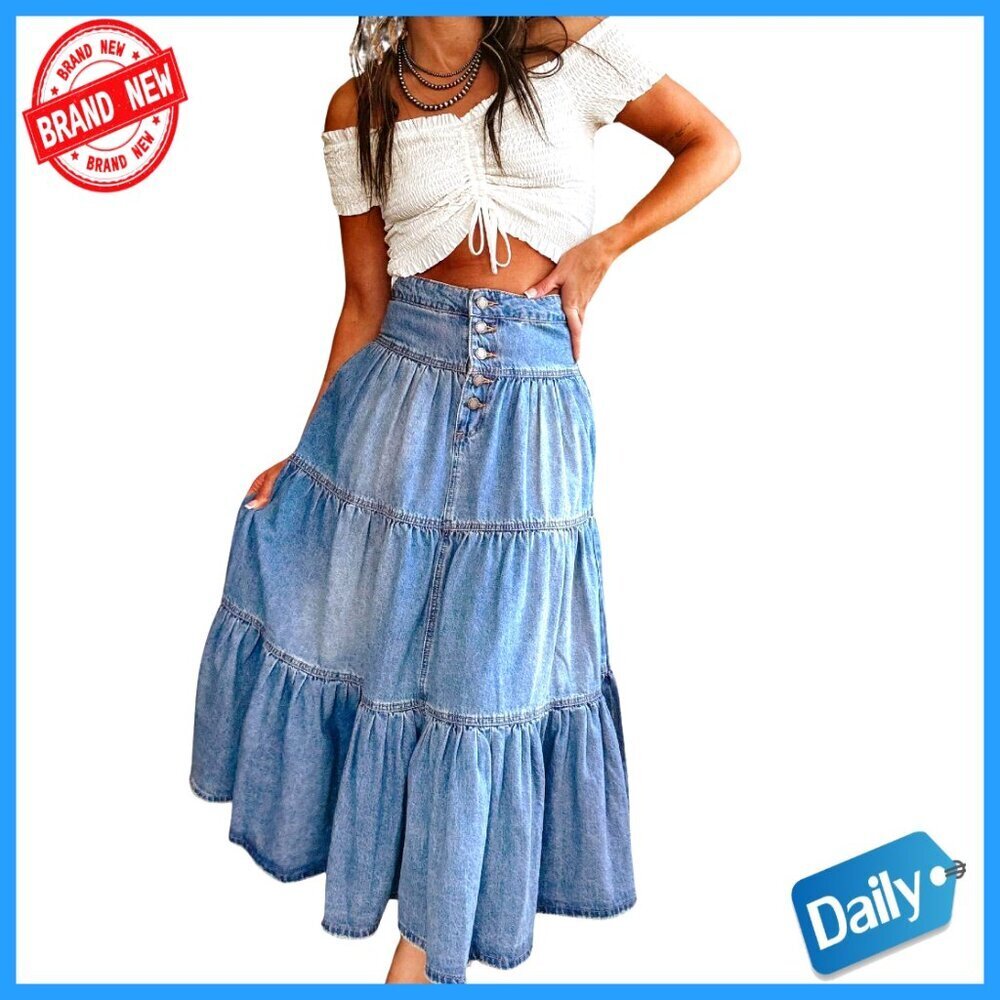 High Waist Maxi Denim Skirt with Pockets Button Fly Tiered Ruffle Swing A-Line